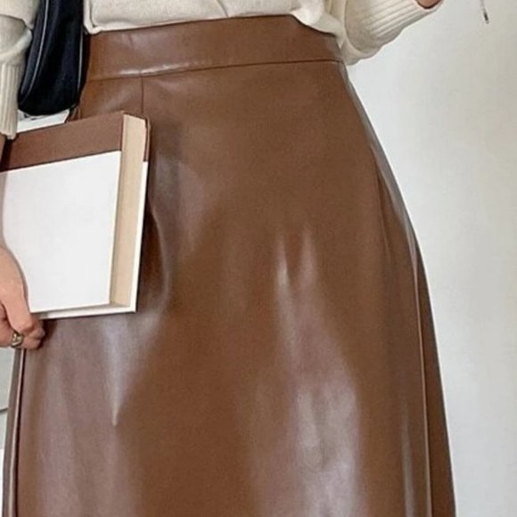 brown split back PU leather midi skirt fall winter chic classy trending - Picture 4 of 7